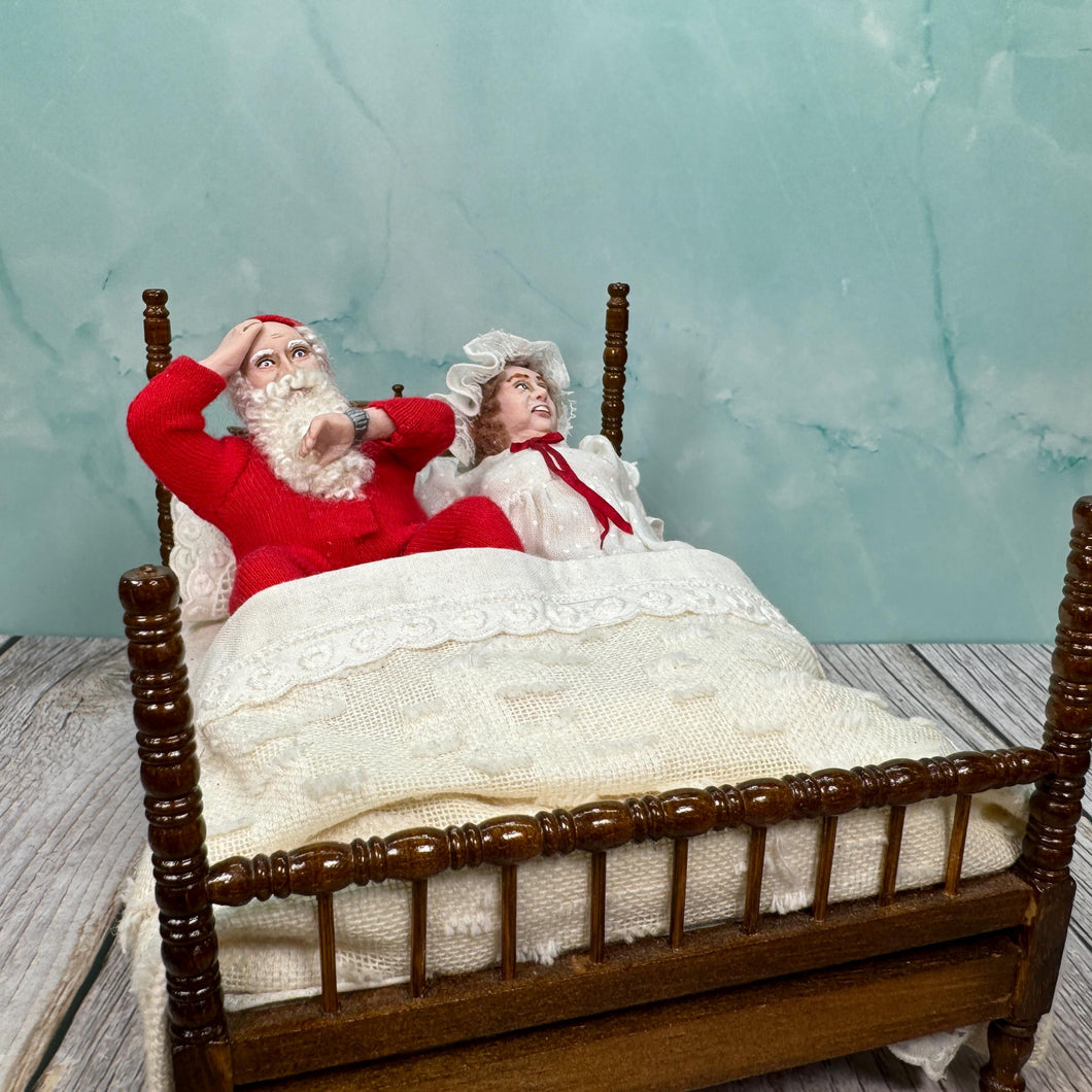 Dollhouse Miniature  ~ Artisan Twin Minis Handmade Hand Sculpted Santa & Mrs. Claus Dolls in Bed Christmas