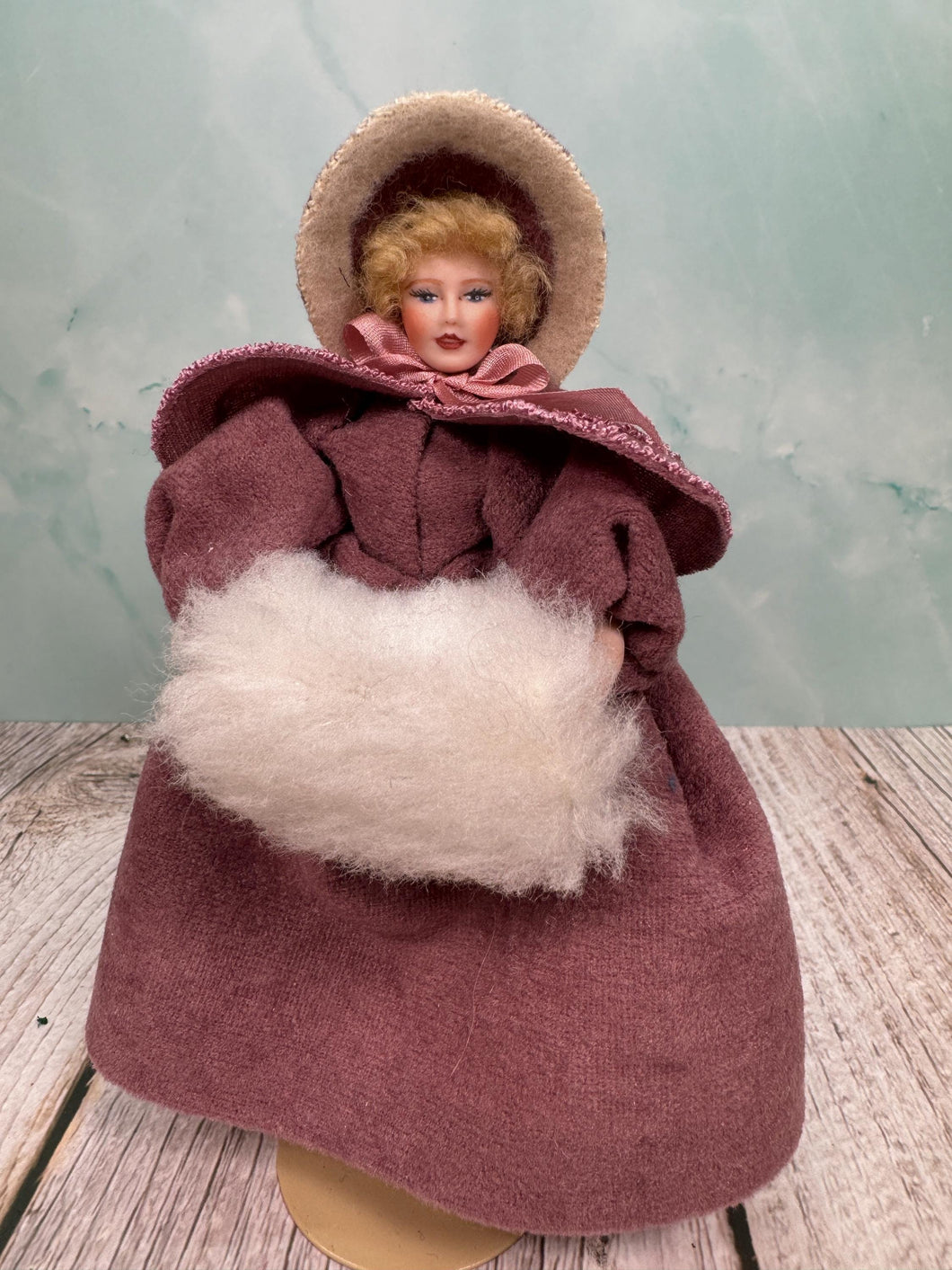 Dollhouse Miniature ~ Artisan Handmade Porcelain Woman in Purple Winter Coat & Ice Skates Doll