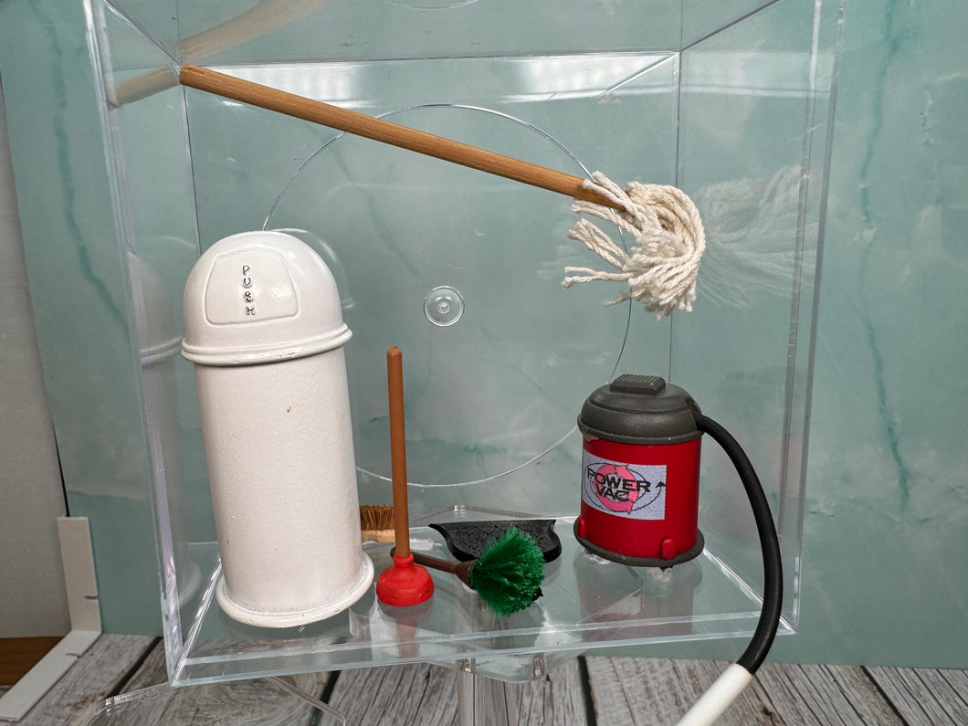 Dollhouse Miniature ~ Artisan Handmade 7 Piece Household Cleaning Set With Shop Vac , Mop, Garbage Can, Duster, Dust Pan & Plunger