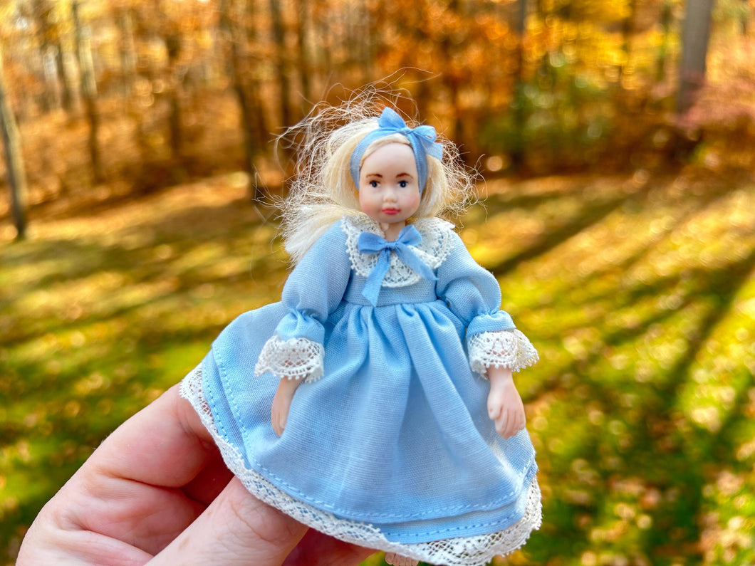 Dollhouse Miniature ~ Blonde Little Girl Doll Barefoot in Blue Dress