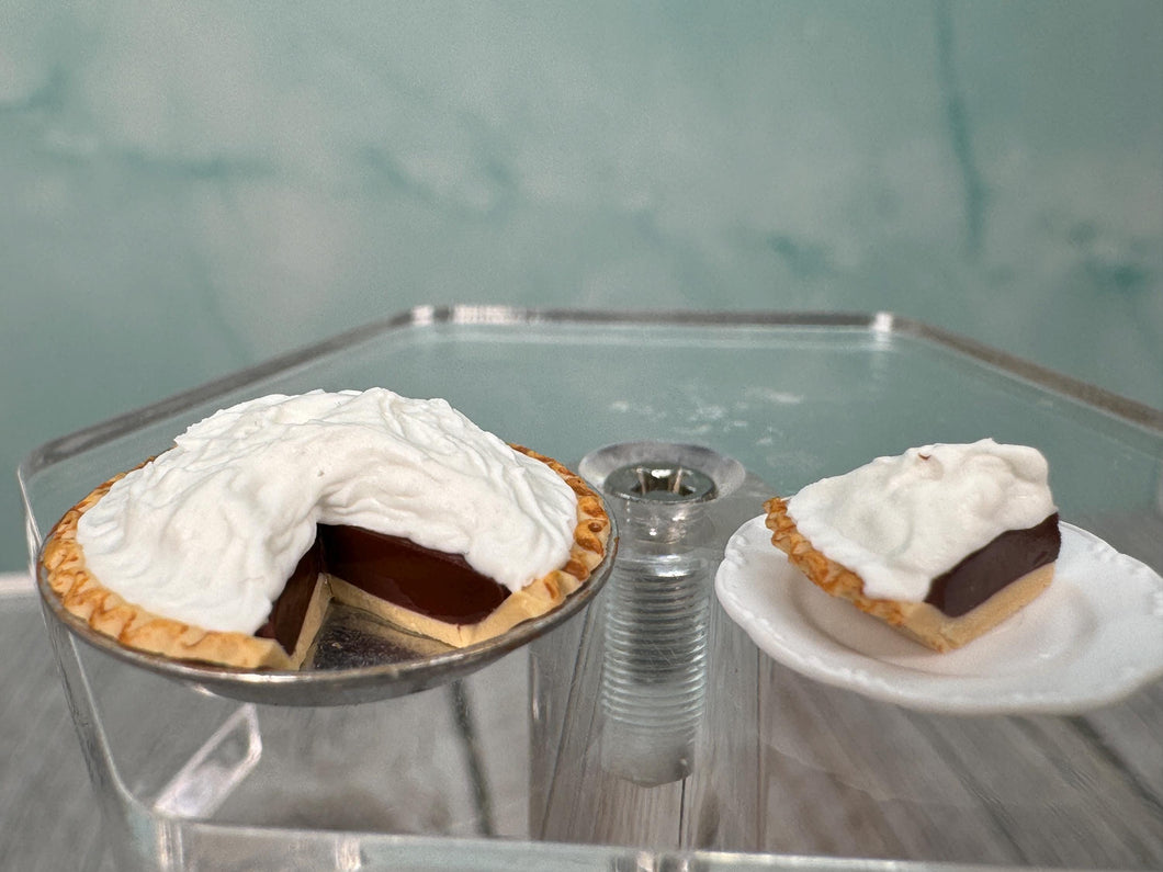 Dollhouse Miniature ~ Artisan Handmade Chocolate Pie With Slice & Whipped Cream Topping