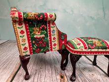 Load image into Gallery viewer, Dollhouse Miniature  ~ Artisan Hand Ulpholstered Christmas Bespaq 2 Piece Chair &amp; Ottoman
