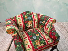 Load image into Gallery viewer, Dollhouse Miniature  ~ Artisan Hand Ulpholstered Christmas Bespaq 2 Piece Chair &amp; Ottoman
