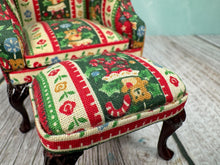 Load image into Gallery viewer, Dollhouse Miniature  ~ Artisan Hand Ulpholstered Christmas Bespaq 2 Piece Chair &amp; Ottoman
