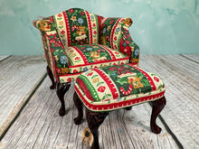 Load image into Gallery viewer, Dollhouse Miniature  ~ Artisan Hand Ulpholstered Christmas Bespaq 2 Piece Chair &amp; Ottoman
