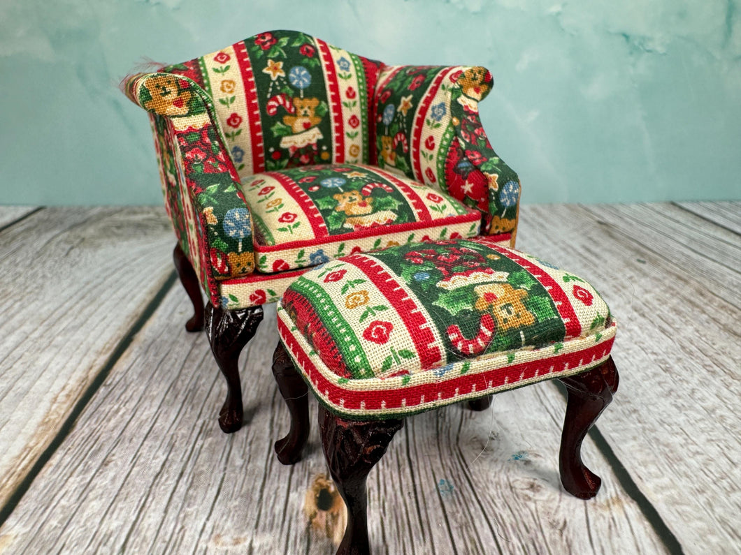 Dollhouse Miniature  ~ Artisan Hand Ulpholstered Christmas Bespaq 2 Piece Chair & Ottoman