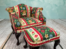 Load image into Gallery viewer, Dollhouse Miniature  ~ Artisan Hand Ulpholstered Christmas Bespaq 2 Piece Chair &amp; Ottoman
