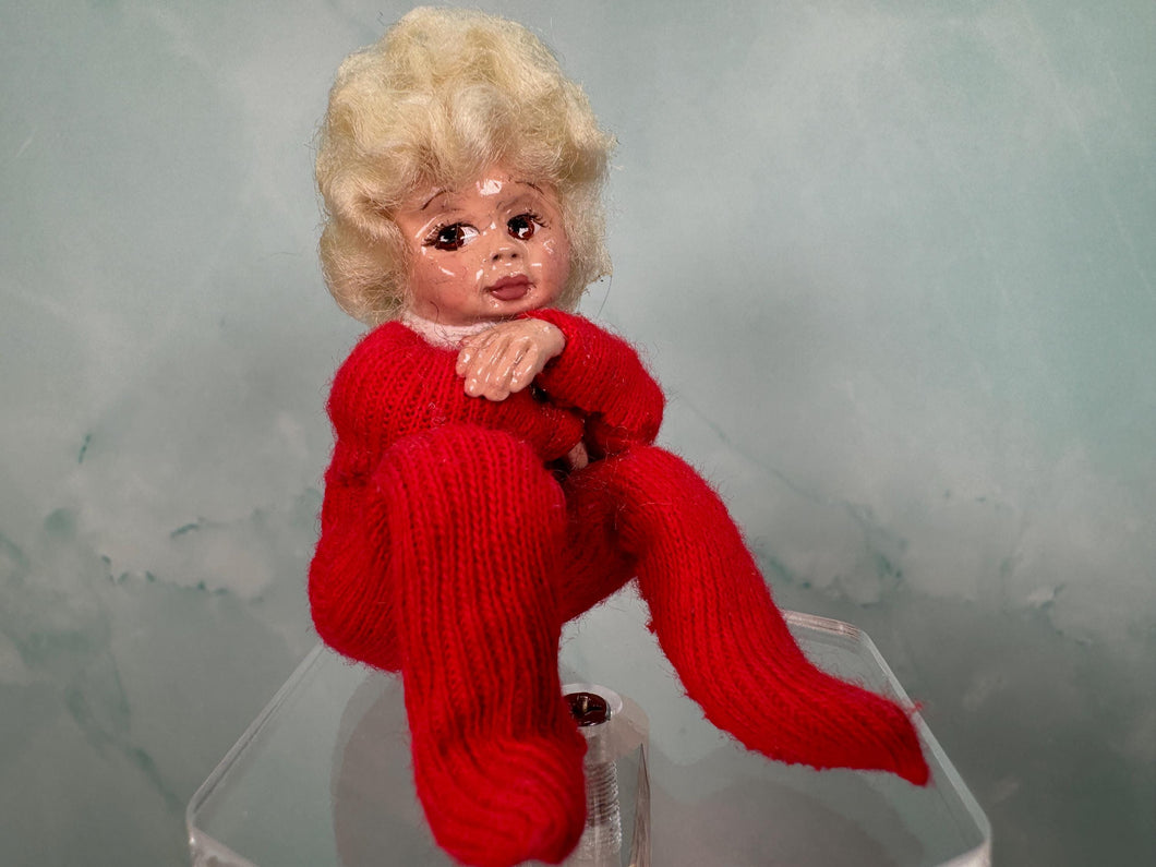 Vintage Artisan Handmade Handpainted OOAK Little Girl Doll In Pajamas With Blonde Curly Hair