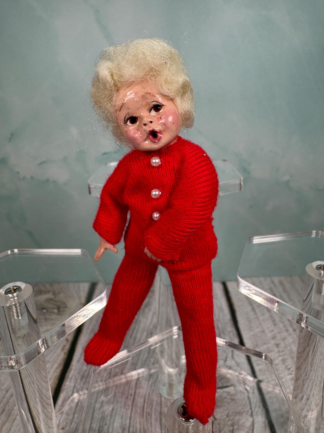 Vintage Artisan Handmade Handpainted OOAK Little Girl Doll In Pajamas With Blonde Curly Hair Standing