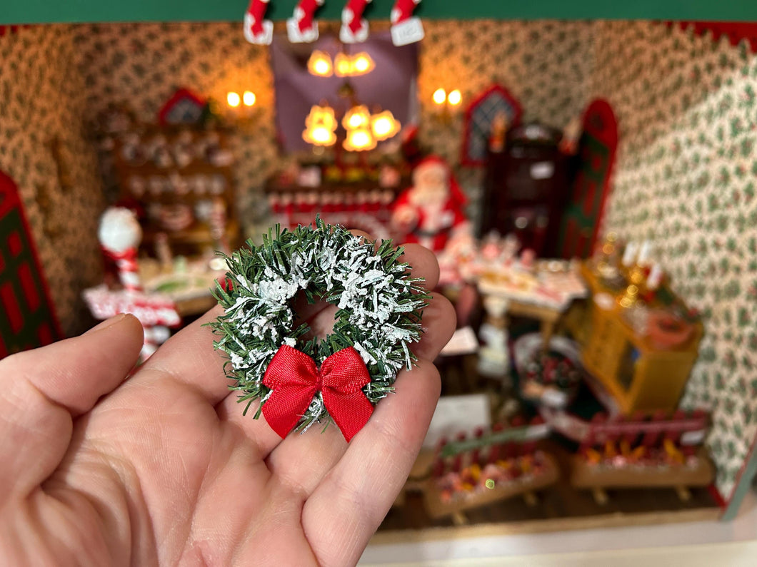 Dollhouse Miniature  ~ Christmas Pine Wreath with Snow & Red Bow Handmade by Member of our Team Holiday Festive Santa Claus