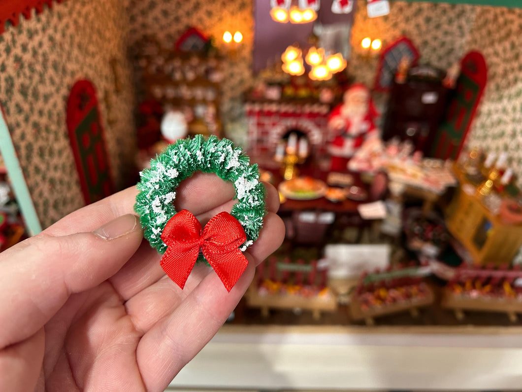 Dollhouse Miniature  ~ Christmas Wreath with Snow & Red Bow Handmade by Karen’s Dollhouse Shop North Pole Santa Claus Holiday