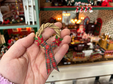 Load image into Gallery viewer, Dollhouse Miniature  ~ Wooden Christmas Wreath with Poinsettias &amp; Plaid Tartan Bow Santa Claus Holiday North Pole December Festive
