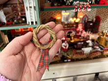 Load image into Gallery viewer, Dollhouse Miniature  ~ Wooden Christmas Wreath with Poinsettias &amp; Plaid Tartan Bow Santa Claus Holiday North Pole December Festive
