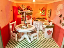 Load image into Gallery viewer, Dollhouse Miniature  ~ 6 Piece Christmas Decorated White Kitchen Set - Sink, Stove, Fridge, Table, &amp; 2 Chairs - Santa, Holiday, OOAK
