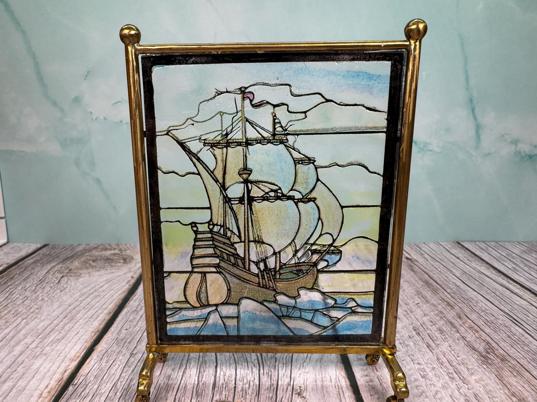 Dollhouse Miniature ~ Vintage Artisan Handmade Stained Glass Nautical Sailboat Fireplace Screen