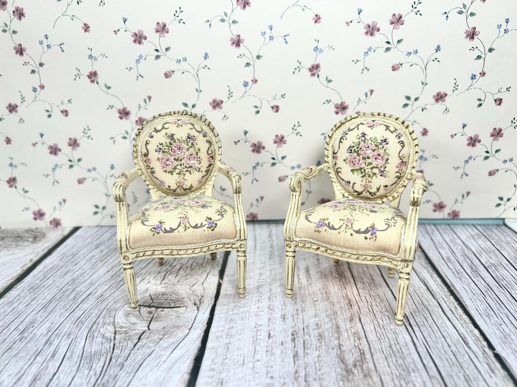Signed Nancy Summers Handcrafted Pair of Hand Painted Pink & Purple Floral Arm Chairs Parlor Furniture