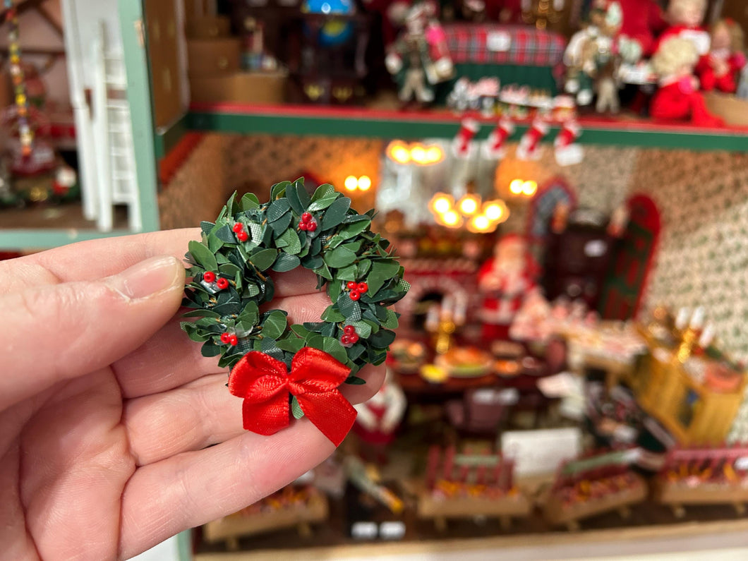 Dollhouse Miniature  ~ Christmas Holly Wreath with Red Berries & Bow Handmade by Karen’s Dollhouse Shop Holiday Festive Santa North Pole