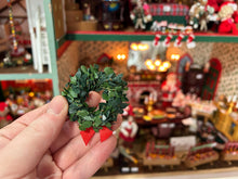 Load image into Gallery viewer, Dollhouse Miniature  ~ Christmas Holly Wreath with Red Berries &amp; Bow Handmade by Karen’s Dollhouse Shop Holiday Festive Santa North Pole
