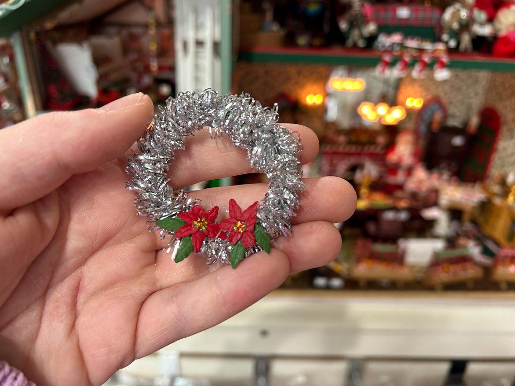 Dollhouse Miniature  ~ Silver Christmas Wreath with Red Poinsettia Flowers Holiday Festive