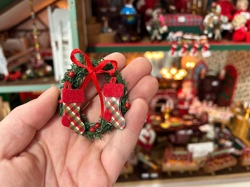 Dollhouse Miniature  ~ Christmas Wreath with Red Berries and Stockings & Bow Holiday Santa Claus Festive North Pole