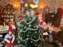 Load image into Gallery viewer, Dollhouse Miniature  ~ Christmas Tree with Clear Bow, Silver &amp; Gold Ornaments, and White / Silver Tinsel
