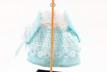 Load image into Gallery viewer, Dollhouse Miniature ~ Long Sleeve Teal Turquoise Girl&#39;s Dress &amp; Hat on Wooden Clothes Stand by Cheryl Warder Artisan Made
