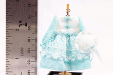 Load image into Gallery viewer, Dollhouse Miniature ~ Long Sleeve Teal Turquoise Girl&#39;s Dress &amp; Hat on Wooden Clothes Stand by Cheryl Warder Artisan Made
