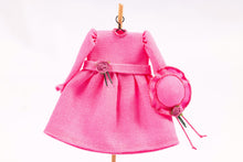 Load image into Gallery viewer, Dollhouse Miniature ~ Long Sleeve Fuscia Hot Pink Girl&#39;s Dress &amp; Hat on Wooden Clothes Stand by Cheryl Warder Artisan Made
