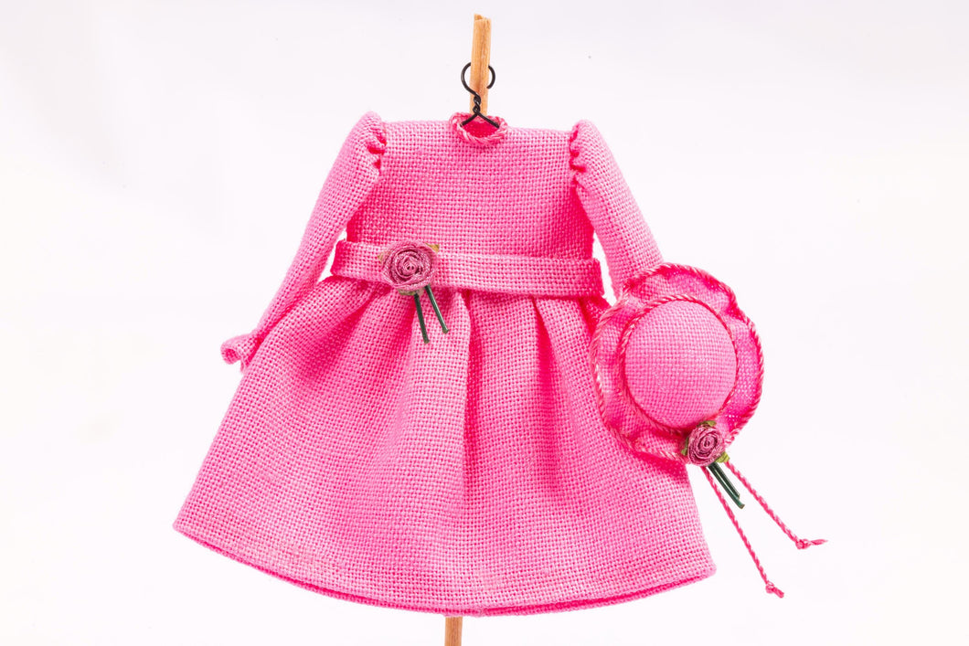 Dollhouse Miniature ~ Long Sleeve Fuscia Hot Pink Girl's Dress & Hat on Wooden Clothes Stand by Cheryl Warder Artisan Made