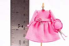 Load image into Gallery viewer, Dollhouse Miniature ~ Long Sleeve Fuscia Hot Pink Girl&#39;s Dress &amp; Hat on Wooden Clothes Stand by Cheryl Warder Artisan Made
