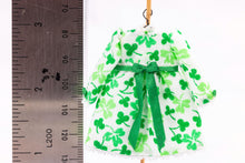 Load image into Gallery viewer, Dollhouse Miniature ~ Shamrock Green St. Patrick&#39;s Day Little Girl&#39;s Dress on Wooden Clothes Stand by Cheryl Warder Artisan Made
