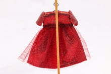 Load image into Gallery viewer, Dollhouse Miniature Shiny Metallic Red Little Girl&#39;s Dress with Mesh on Wooden Clothes Stand by Cheryl Warder Artisan Made
