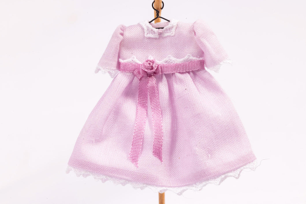 Dollhouse Miniature ~ Cute Baby Pink Little Girl's Dress with Bow on Wooden Clothes Stand by Cheryl Warder Artisan Made