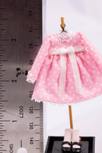 Load image into Gallery viewer, Dollhouse Miniature ~ Pink Polka Dot Little Girl&#39;s Dress w Matching Pink Socks &amp; Shoes on Wooden Clothes Stand by Cheryl Warder Artisan Made
