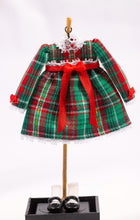 Load image into Gallery viewer, Dollhouse Miniature ~ Christmas Plaid Little Girl&#39;s Dress with White Socks &amp; Shoes on Wooden Clothes Stand by Cheryl Warder Artisan Made
