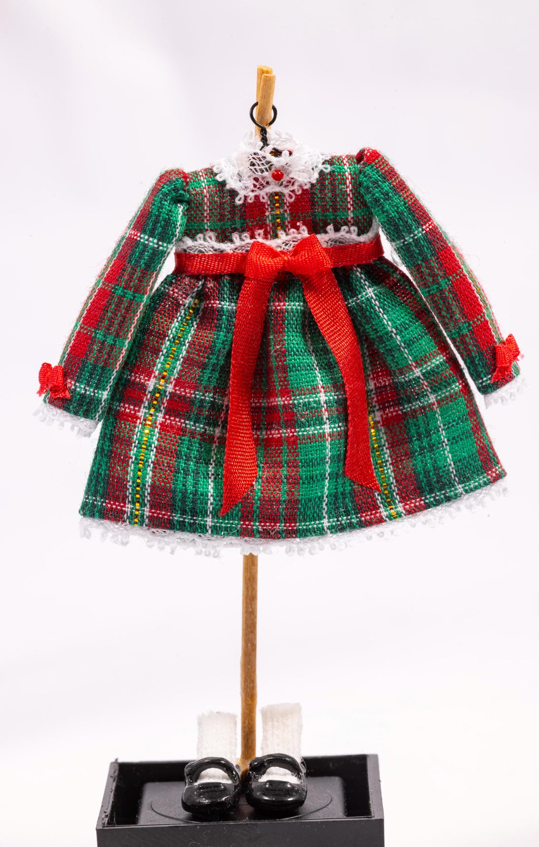 Dollhouse Miniature ~ Christmas Plaid Little Girl's Dress with White Socks & Shoes on Wooden Clothes Stand by Cheryl Warder Artisan Made