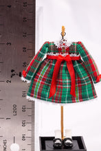 Load image into Gallery viewer, Dollhouse Miniature ~ Christmas Plaid Little Girl&#39;s Dress with White Socks &amp; Shoes on Wooden Clothes Stand by Cheryl Warder Artisan Made
