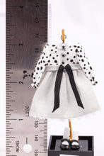 Load image into Gallery viewer, Dollhouse Miniature ~ Black &amp; White Little Girl&#39;s Dress with White Socks and Shoes on Wooden Clothes Stand by Cheryl Warder Artisan Made
