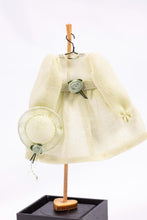 Load image into Gallery viewer, Dollhouse Miniature ~ Sage Green Little Girl&#39;s Dress with Hat on Wooden Clothes Stand by Cheryl Warder Artisan Made
