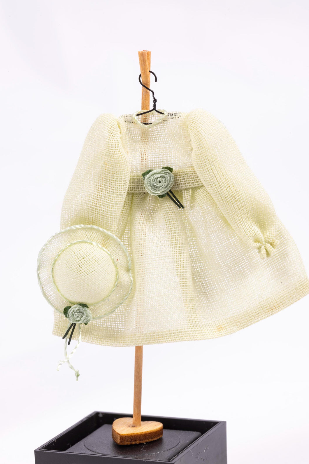 Dollhouse Miniature ~ Sage Green Little Girl's Dress with Hat on Wooden Clothes Stand by Cheryl Warder Artisan Made