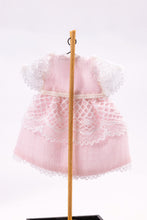 Load image into Gallery viewer, Dollhouse Miniature ~ Pastel Pink &amp; White Lace Little Girl&#39;s Dress on Wooden Clothes Stand by Cheryl Warder Artisan Made
