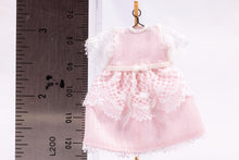 Load image into Gallery viewer, Dollhouse Miniature ~ Pastel Pink &amp; White Lace Little Girl&#39;s Dress on Wooden Clothes Stand by Cheryl Warder Artisan Made
