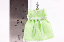 Load image into Gallery viewer, Dollhouse Miniature ~ Lime Green &amp; White Polka Dot Little Girl&#39;s Dress on Wooden Clothes Stand by Cheryl Warder Artisan Made
