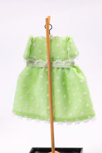 Load image into Gallery viewer, Dollhouse Miniature ~ Lime Green &amp; White Polka Dot Little Girl&#39;s Dress on Wooden Clothes Stand by Cheryl Warder Artisan Made
