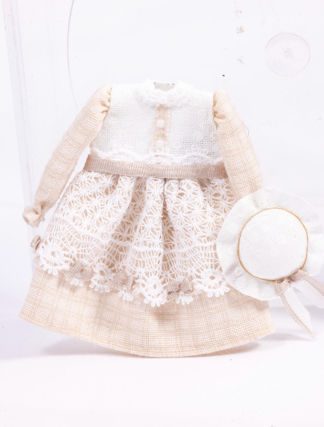 Dollhouse Miniature ~ Beige & White Lace Little Girl's Dress with Matching Hat by Cheryl Warder Artisan Made