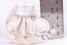 Load image into Gallery viewer, Dollhouse Miniature ~ Beige &amp; White Lace Little Girl&#39;s Dress with Matching Hat by Cheryl Warder Artisan Made
