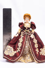 Load image into Gallery viewer, Dollhouse Miniature ~ Royal Fancy Elegant Porcelain Lady Doll in Burgundy Dark Red Dress with Gold Colored Accents Artisan Made OOAK
