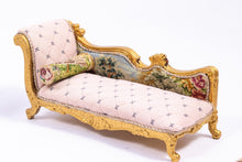 Load image into Gallery viewer, Dollhouse Miniature ~ Pink Needlepoint Chaise Lounge Gold Painted Accents Signed Artisan Made
