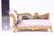 Load image into Gallery viewer, Dollhouse Miniature ~ Pink Needlepoint Chaise Lounge Gold Painted Accents Signed Artisan Made
