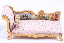 Load image into Gallery viewer, Dollhouse Miniature ~ Pink Needlepoint Chaise Lounge Gold Painted Accents Signed Artisan Made
